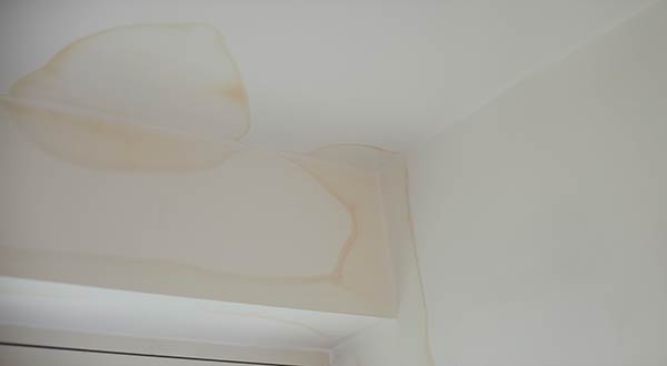 Closeup of water damage stain on the interior ceiling wall of a home