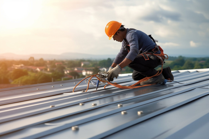 A male worker fixing a roof repair on rooftop