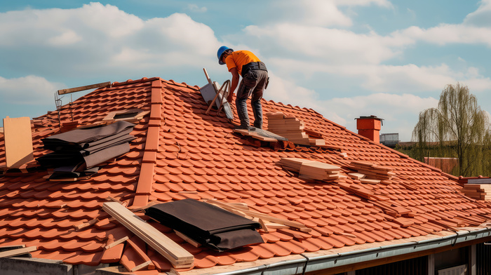 Roof repair expert fixing repairs on the roof tiles of the house.