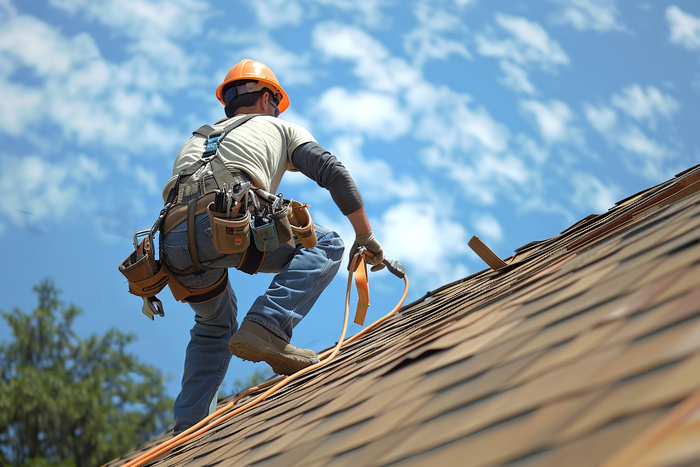 Roofing worker wearing safety harness belt during working on roof structure of building on construction site