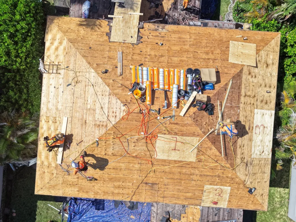 Aerial view of a fully replaced roof deck on a South Florida home