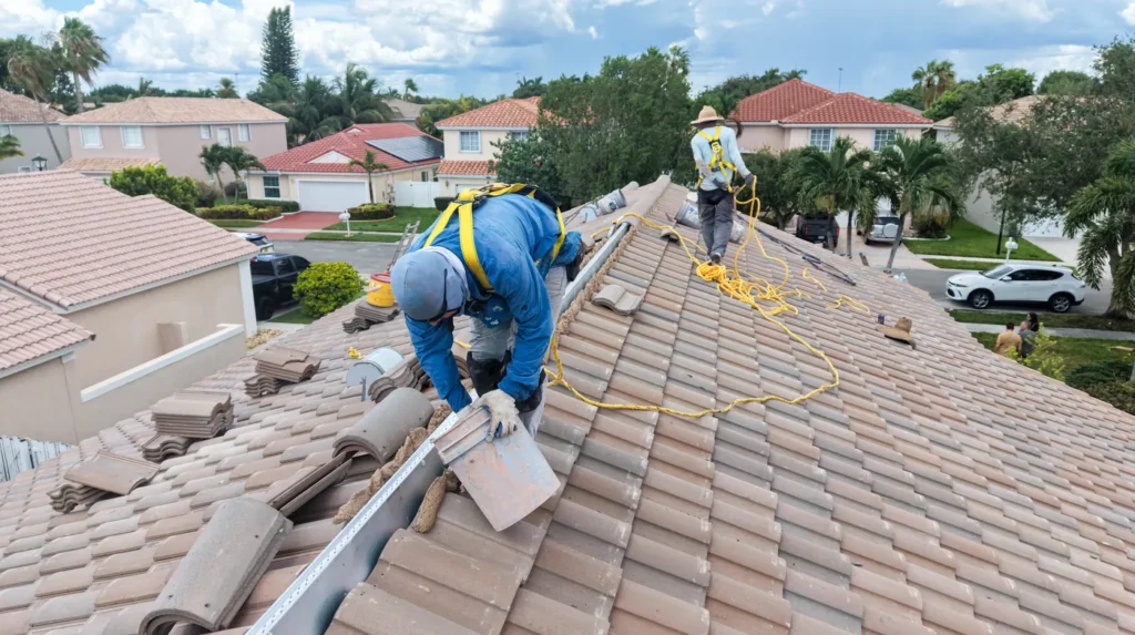 Tiger Team Roofing technicians performing preventative maintenance on a South Florida tile roof