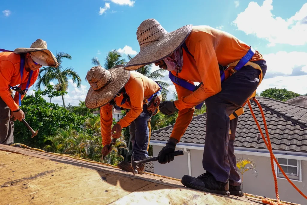 Tiger Team Roofing crew installing new roof decking on a Fort Lauderdale home